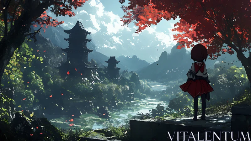 Solitary schoolgirl surveys misty pagoda valley in anime style