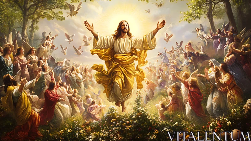 Radiant central figure ascending amid angels in vivid landscape