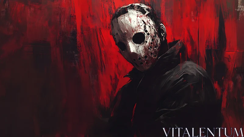 Masked slasher figure in brutal red abstract backdrop.