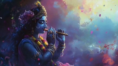 Moonlit blue flutist crowned in blossoms and swirling light.
