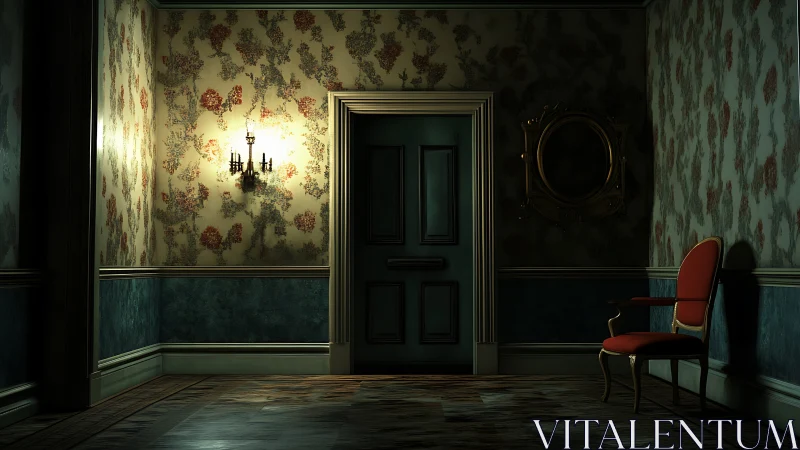 Dim hallway with closed teal door and single red chair.