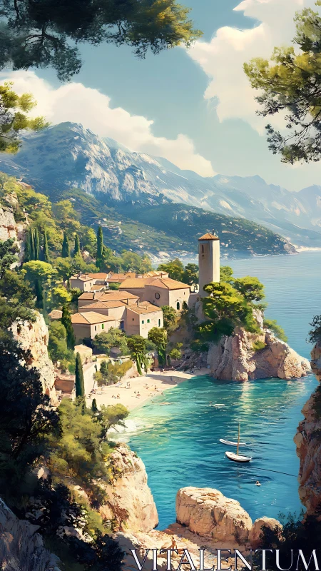 Mediterranean Clifftop Church Overlooking Turquoise Waters.