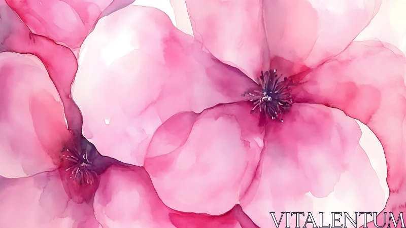 Pink Watercolor Flowers with Dark Stamens.