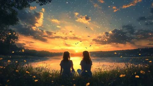 Two girls watch glowing sunset by calm lakeside meadow.