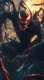 Symbiotic black creature with tendrils in fiery environment.