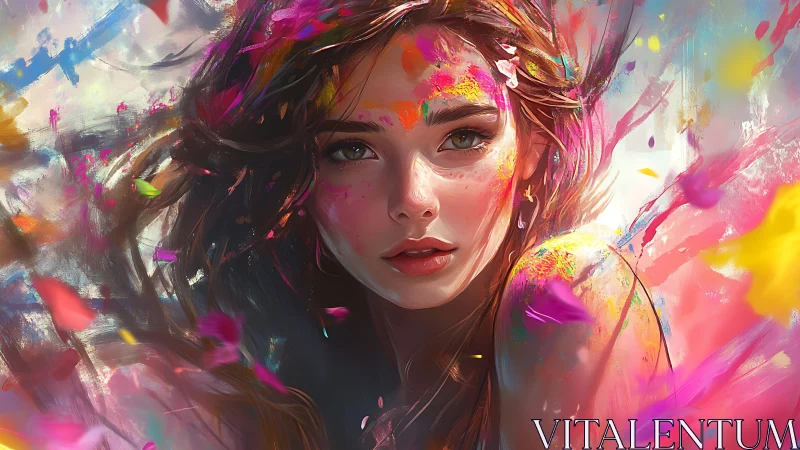Vivid digital portrait of woman with colorful paint burst