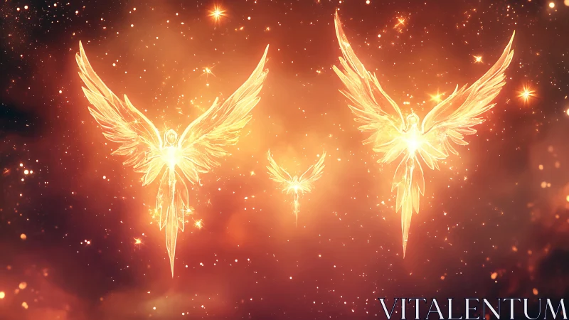 Luminous winged figures in symmetrical celestial formation.