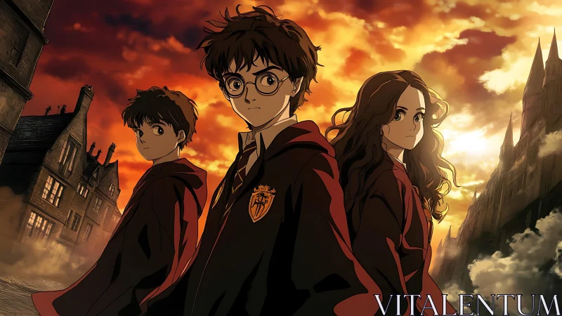 Anime-style trio of young wizards under a blazing sky.