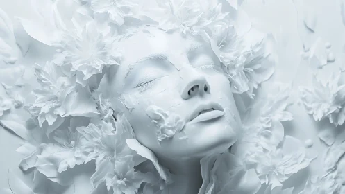 Monochrome sculpted face immersed in high-relief floral textures