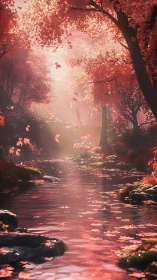 Crimson river drifts through a daydream of falling petals