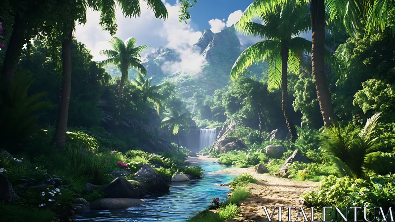 Tropical gorge with cascading waterfall through lush jungle landscape