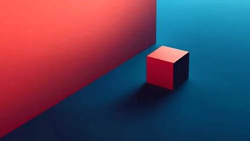 Red geometric cube against cyan minimalist plane.