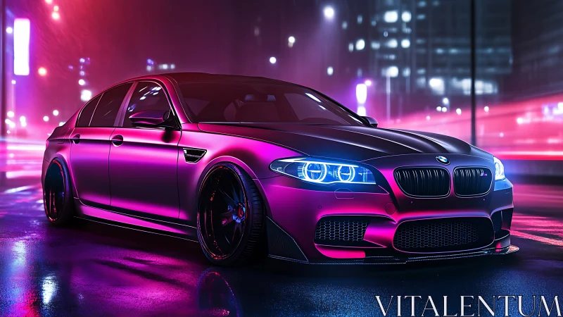 Modified magenta sedan on wet neon lit city street at night.