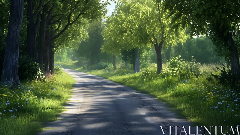 Tree-lined rural road with dappled sunlight filtering through canopy.