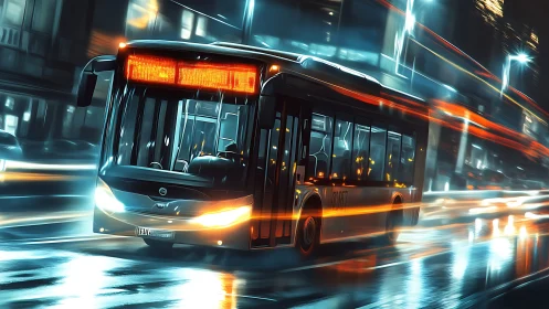 Modern city bus moves through wet night street with light trails