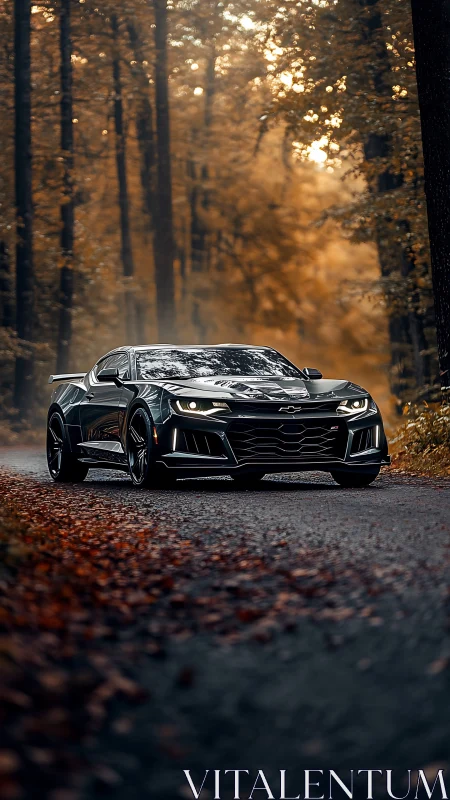 Black sports coupe on forest road in autumn light.