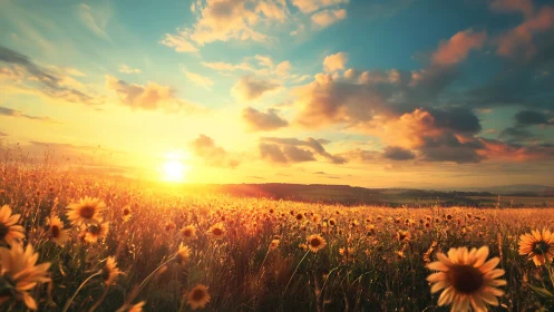 Wide-angle sunset field with golden daisies and cloud strata