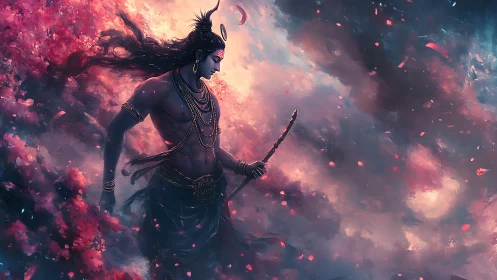 Divine warrior strides through swirling cosmic blossoms.