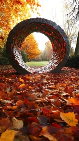 Circular metal sculpture framed by bright autumn foliage.