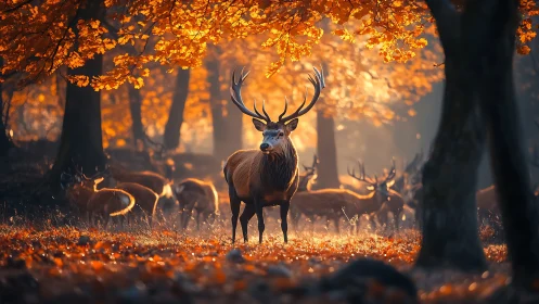 Stag herd stands under glowing autumn canopy in forest light