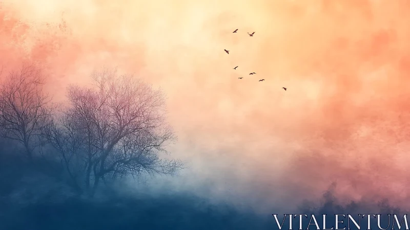 Bare trees in mist under vivid orange and blue sky.