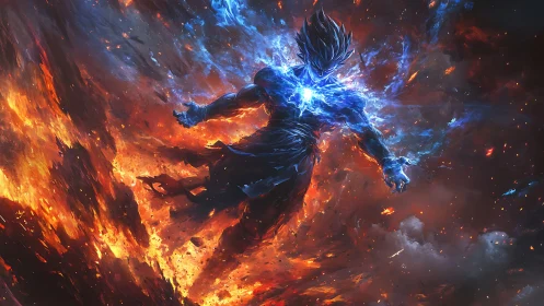 Plasma-charged elemental warrior amid eruptive fiery vortex