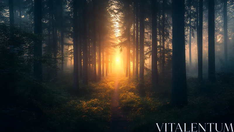 Forest path with sunrise illumination through dense tree canopy