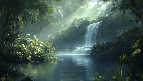 Lush jungle waterfall oasis under soft ethereal sunlight.
