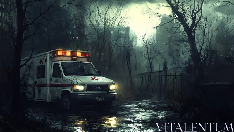 Haunted city ambulance idling in fog-drenched midnight ruins.