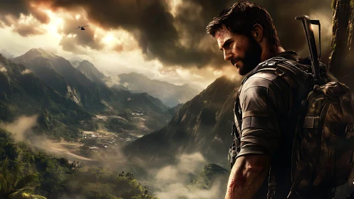 Tactical recon operative over storm-lit jungle valley vista.