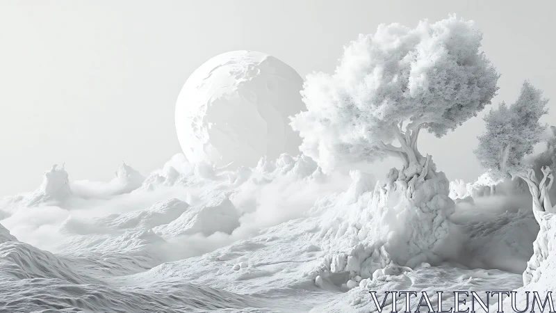 Monochrome alien forest rises from misty frozen valley.