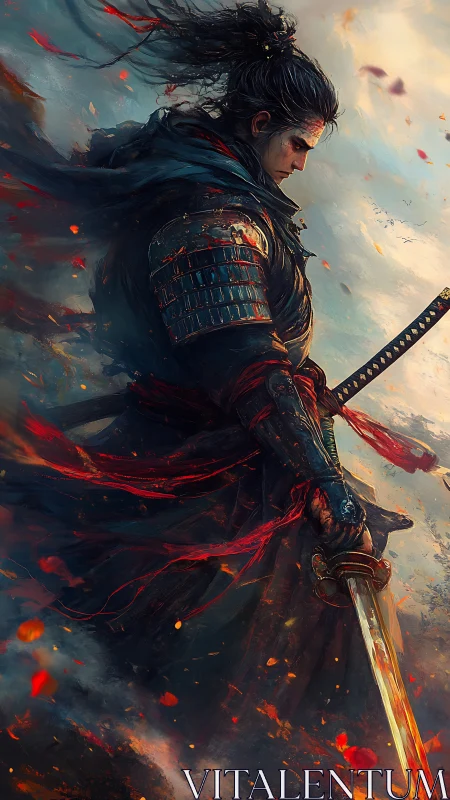 Solitary armored swordsman stands amid drifting embers