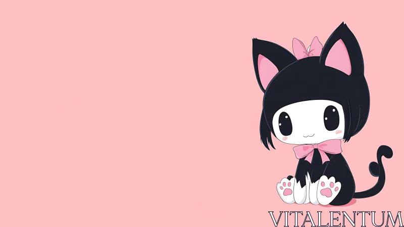 Sweet black cat girl sits shyly on a soft pink backdrop