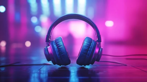 Neon gradient headphones in cinematic 3D studio lighting setup.
