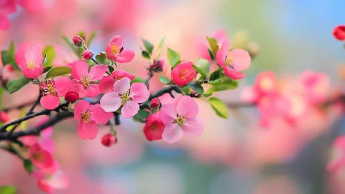 Pink cherry blossoms fill the frame against soft pastel blur