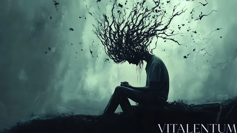 Silhouetted figure sits while chaotic branches erupt outward