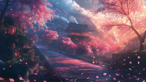 Temple on stone path amid dense cherry blossoms at dusk.