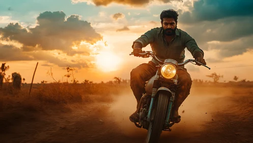 Rider powers motorcycle through dusty road at sunset.
