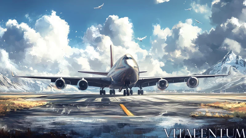 Majestic airliner awaits takeoff beneath colossal painted skies.