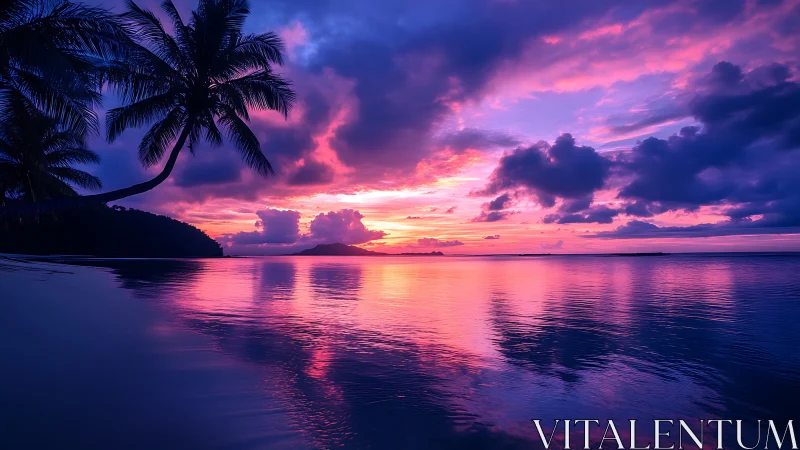 High-saturation tropical shoreline sunset with reflective gradient water