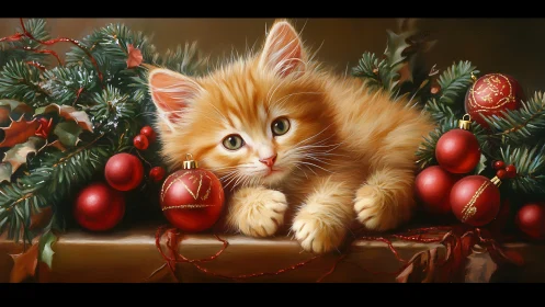 Ginger kitten nestled in dense Christmas garland with glossy ornaments