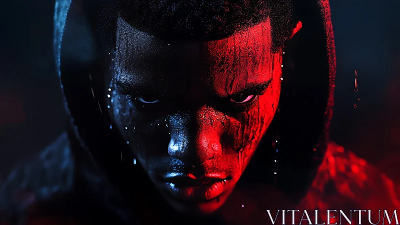 Hooded man&rsquo;s wet face lit by intense red and blue light