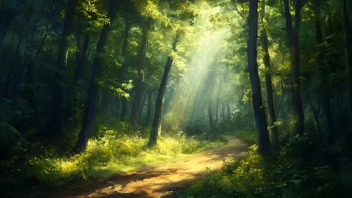 Sunlit Forest Path in Lush Green Woods, Digital Art Landscape.