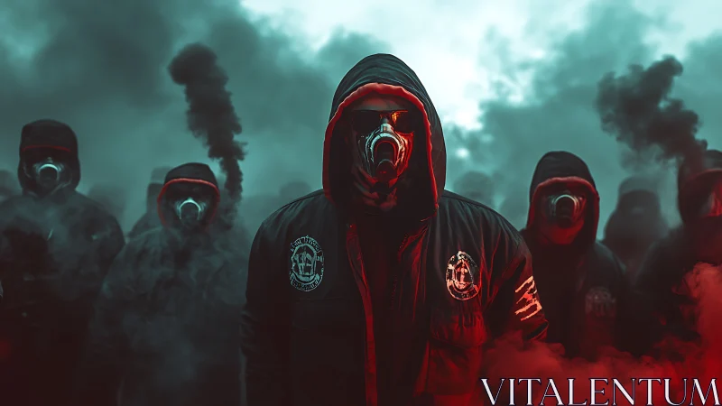 Hooded figures in respirators stand amid dense colored smoke