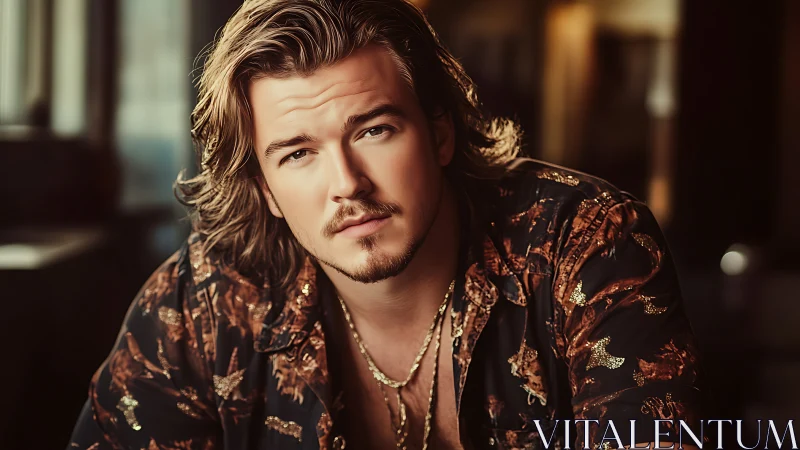 Cinematic shallow‑focus portrait of man in patterned shirt