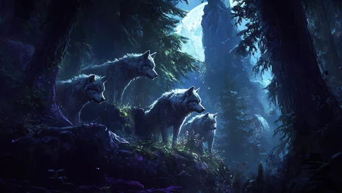 Moonlit wolf pack surveys an enchanted, misty forest realm.