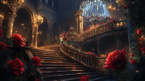 Enchanted rose filled staircase glows with warm candlelight