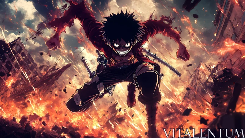 Explosive anime warrior charging through fiery urban ruins