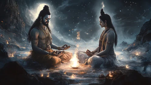 Mystical meditating couple by sacred fire under moonlit sky.