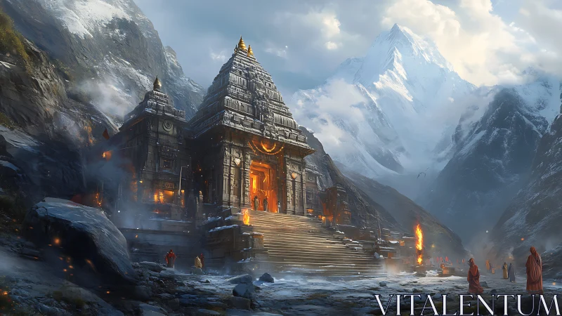 Digital painting of a Himalayan stone temple in luminous dusk.